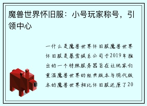 魔兽世界怀旧服：小号玩家称号，引领中心